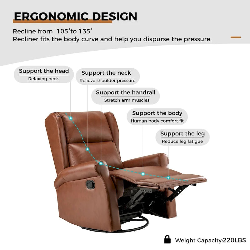 Fauteuil inclinable, pivotant et berçant – Cuir vegan, dossier à oreilles, repose-pieds intégré et base en métal