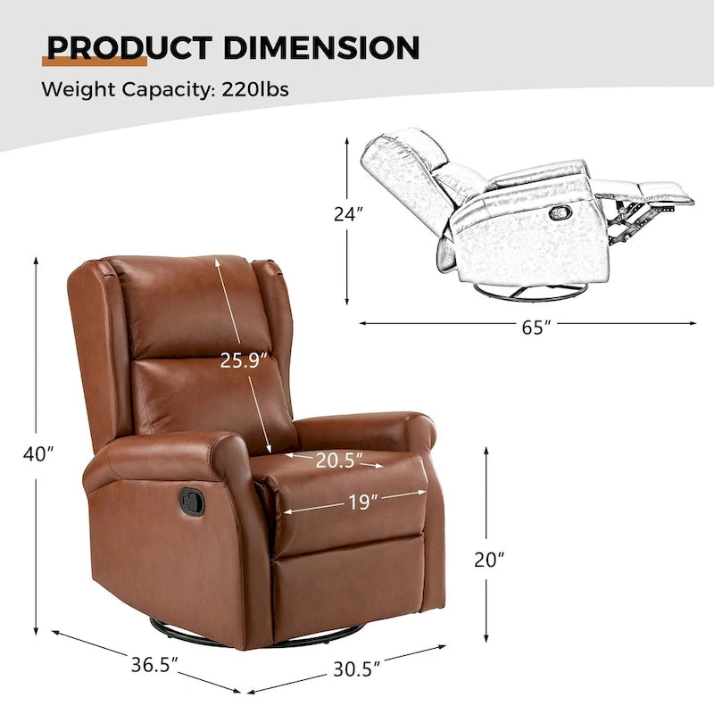 Fauteuil inclinable, pivotant et berçant – Cuir vegan, dossier à oreilles, repose-pieds intégré et base en métal