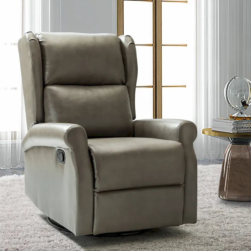 Fauteuil inclinable, pivotant et berçant – Cuir vegan, dossier à oreilles, repose-pieds intégré et base en métal