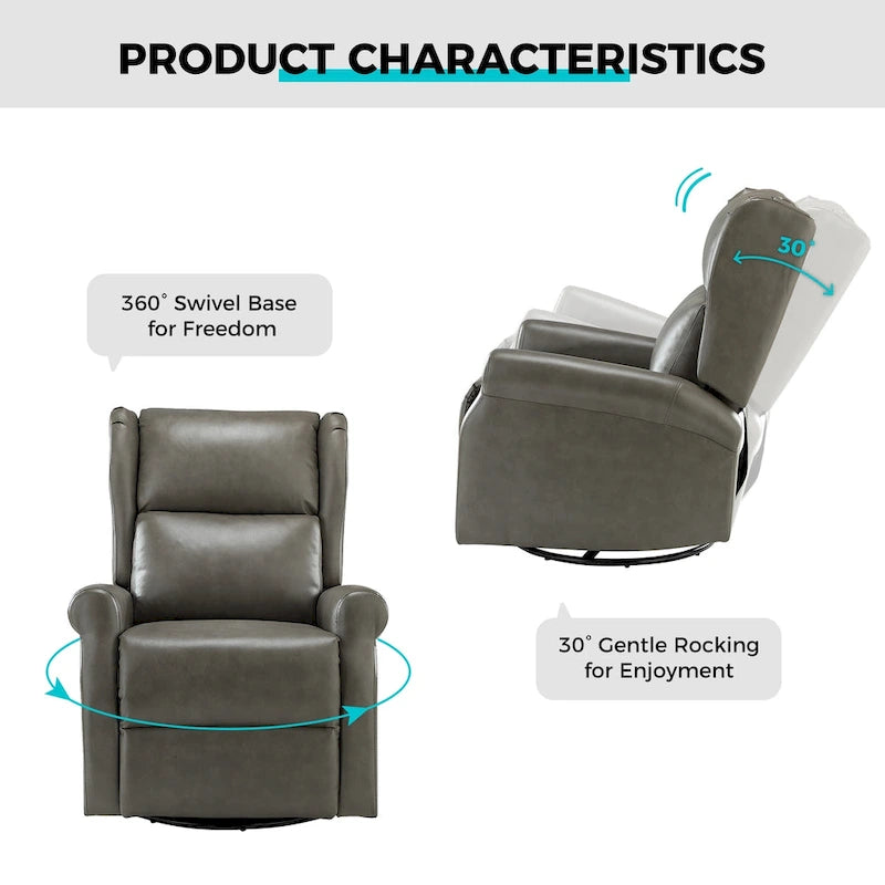 Fauteuil inclinable, pivotant et berçant – Cuir vegan, dossier à oreilles, repose-pieds intégré et base en métal
