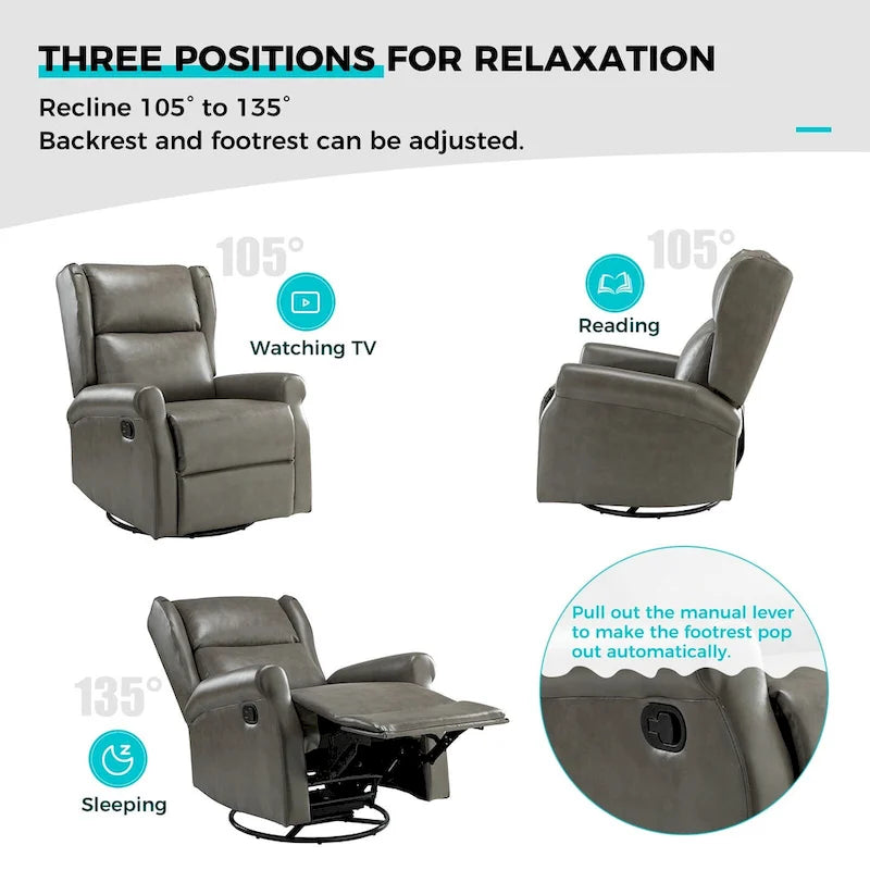 Fauteuil inclinable, pivotant et berçant – Cuir vegan, dossier à oreilles, repose-pieds intégré et base en métal