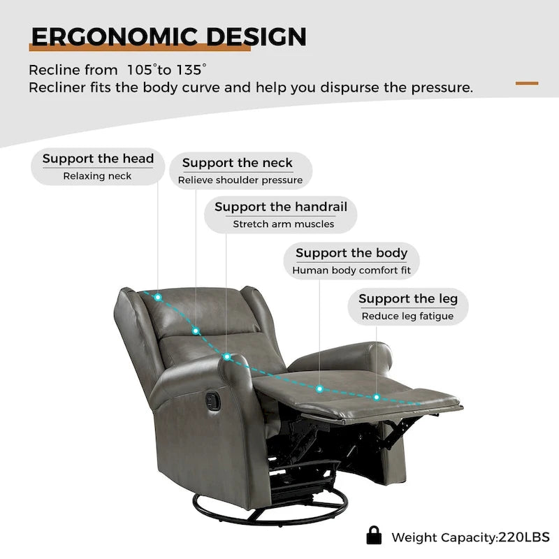 Fauteuil inclinable, pivotant et berçant – Cuir vegan, dossier à oreilles, repose-pieds intégré et base en métal