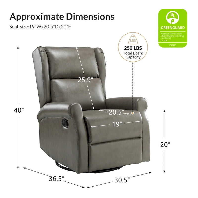 Fauteuil inclinable, pivotant et berçant – Cuir vegan, dossier à oreilles, repose-pieds intégré et base en métal