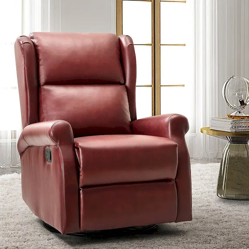 Fauteuil inclinable, pivotant et berçant – Cuir vegan, dossier à oreilles, repose-pieds intégré et base en métal