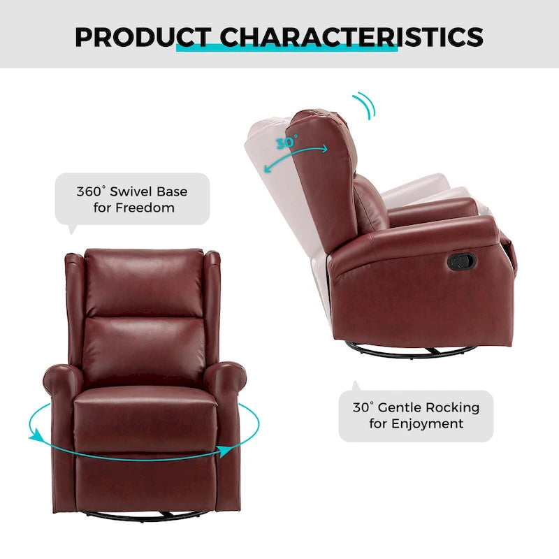 Fauteuil inclinable, pivotant et berçant – Cuir vegan, dossier à oreilles, repose-pieds intégré et base en métal