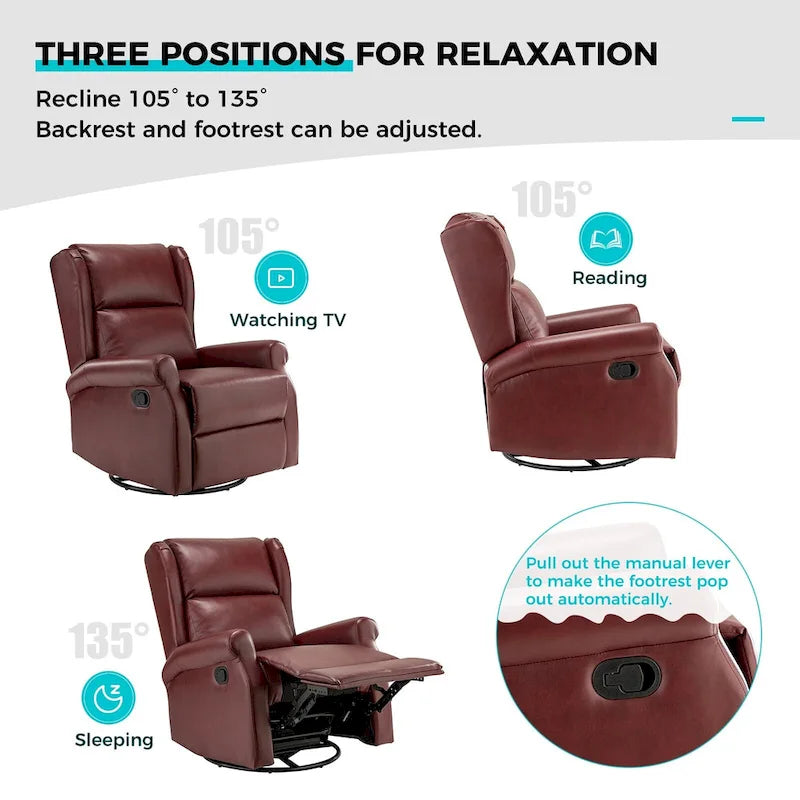 Fauteuil inclinable, pivotant et berçant – Cuir vegan, dossier à oreilles, repose-pieds intégré et base en métal