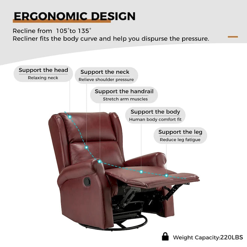 Fauteuil inclinable, pivotant et berçant – Cuir vegan, dossier à oreilles, repose-pieds intégré et base en métal