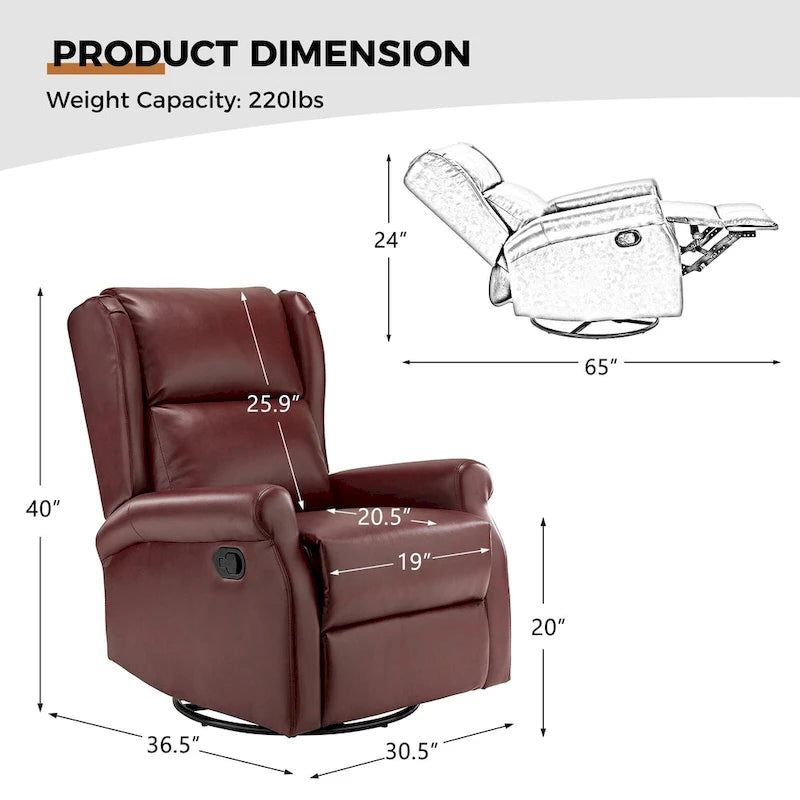 Fauteuil inclinable, pivotant et berçant – Cuir vegan, dossier à oreilles, repose-pieds intégré et base en métal