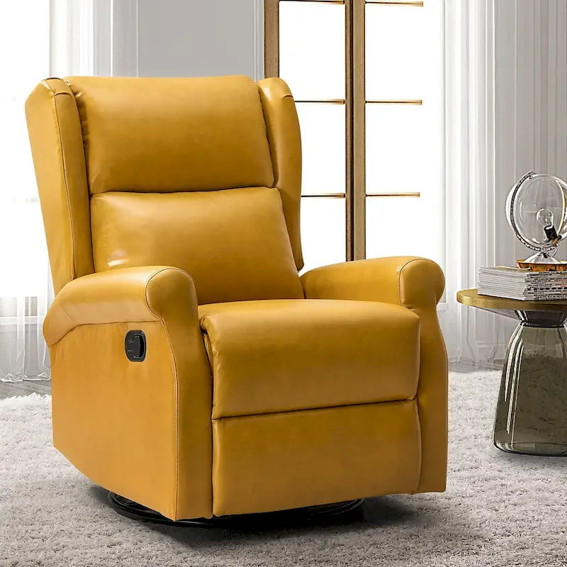 Fauteuil inclinable, pivotant et berçant – Cuir vegan, dossier à oreilles, repose-pieds intégré et base en métal