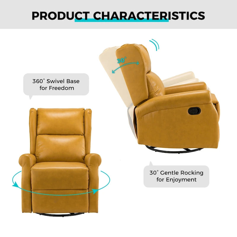 Fauteuil inclinable, pivotant et berçant – Cuir vegan, dossier à oreilles, repose-pieds intégré et base en métal