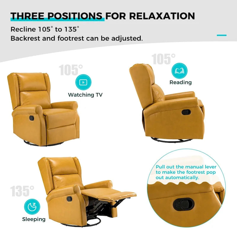 Fauteuil inclinable, pivotant et berçant – Cuir vegan, dossier à oreilles, repose-pieds intégré et base en métal