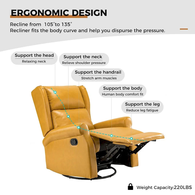Fauteuil inclinable, pivotant et berçant – Cuir vegan, dossier à oreilles, repose-pieds intégré et base en métal