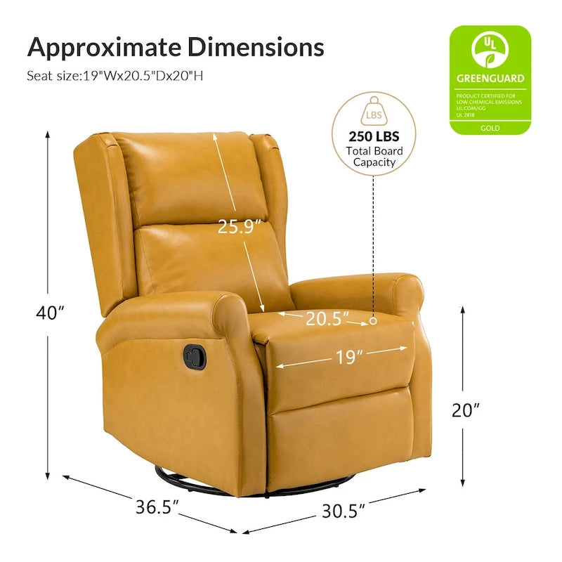 Fauteuil inclinable, pivotant et berçant – Cuir vegan, dossier à oreilles, repose-pieds intégré et base en métal