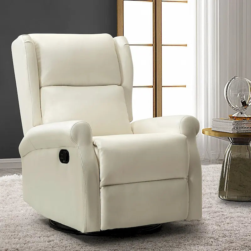 Fauteuil inclinable, pivotant et berçant – Cuir vegan, dossier à oreilles, repose-pieds intégré et base en métal
