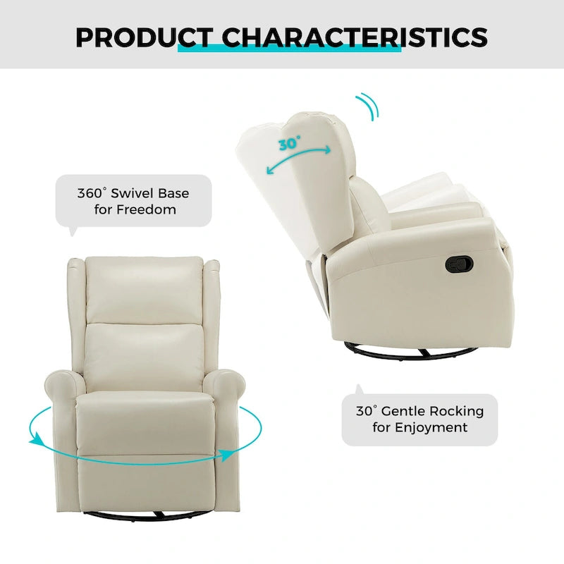 Fauteuil inclinable, pivotant et berçant – Cuir vegan, dossier à oreilles, repose-pieds intégré et base en métal