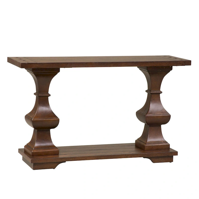 Console en planches de chêne avec étagère inférieure – Brun Kona, pieds tournés