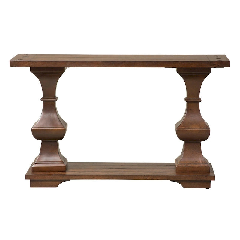 Console en planches de chêne avec étagère inférieure – Brun Kona, pieds tournés