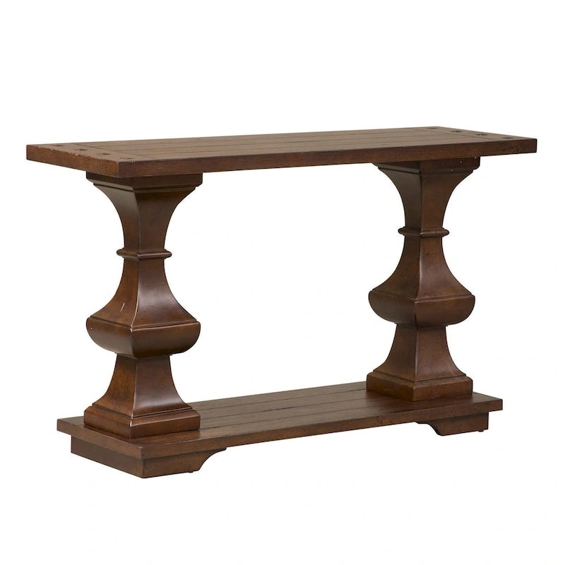 Console en planches de chêne avec étagère inférieure – Brun Kona, pieds tournés