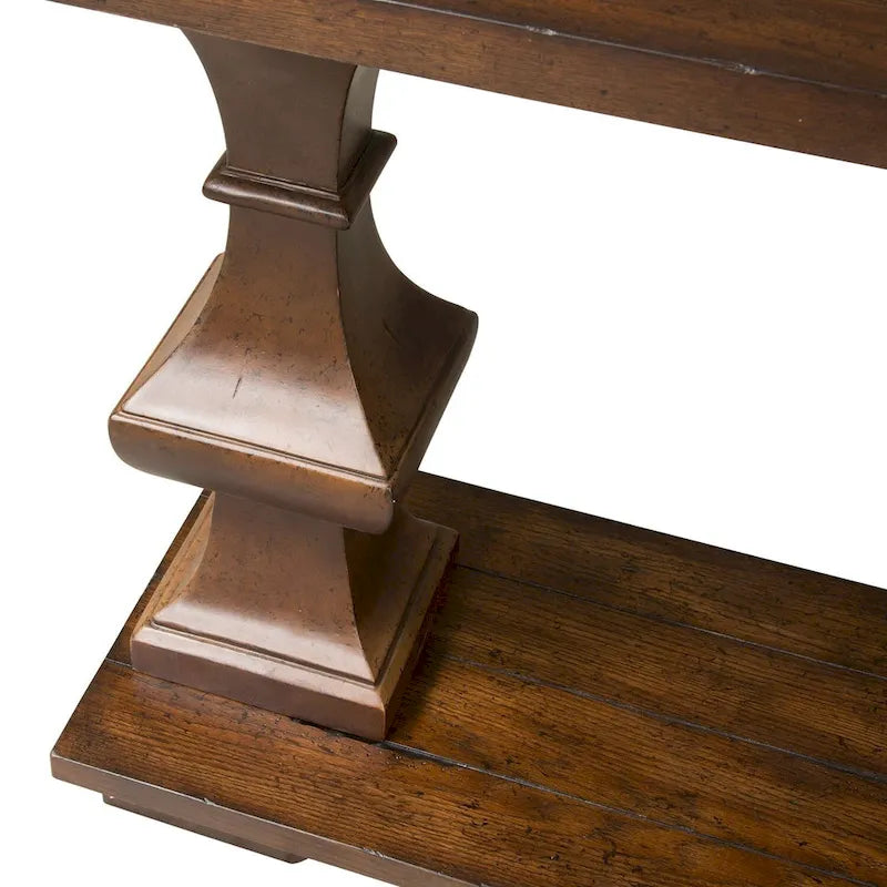 Console en planches de chêne avec étagère inférieure – Brun Kona, pieds tournés