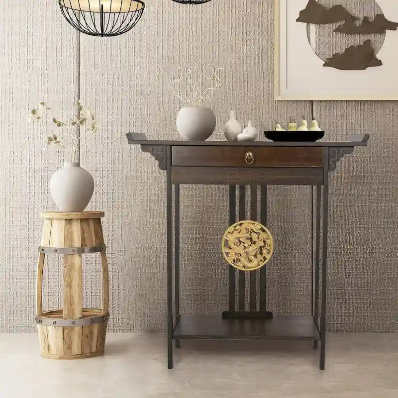 Console d'entrée en bambou avec tiroir et étagère inférieure – Style sculpté classique