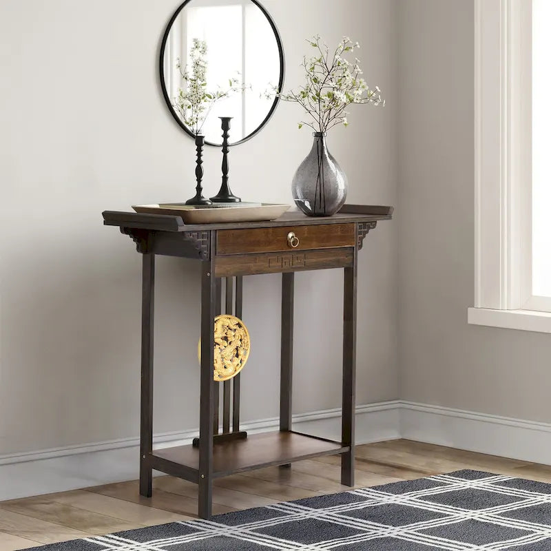 Console d'entrée en bambou avec tiroir et étagère inférieure – Style sculpté classique