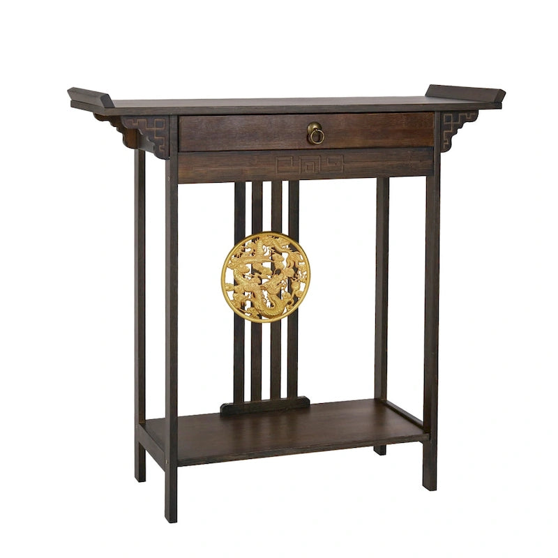 Console d'entrée en bambou avec tiroir et étagère inférieure – Style sculpté classique