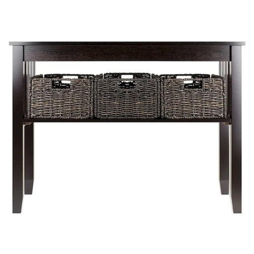 Table console d'entrée à 2 niveaux avec 3 paniers de rangement tressés – Espresso