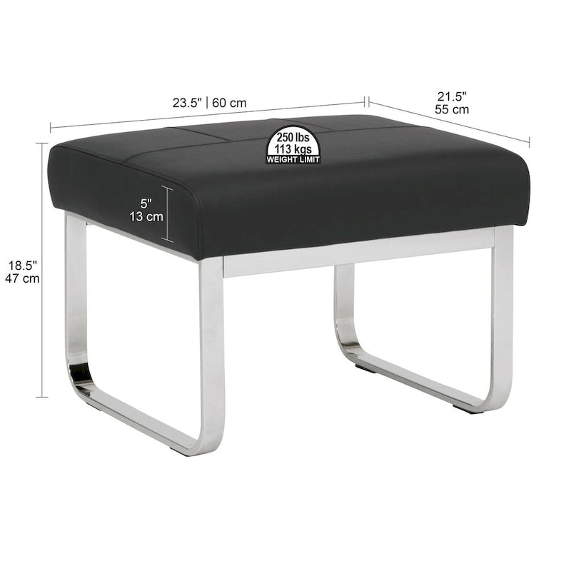 Pouf rectangulaire en cuir collé avec pieds incurvés en chrome – Coussin de 12,7 cm d'épaisseur