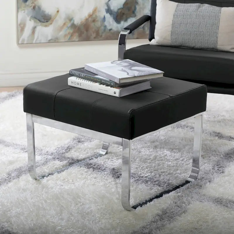 Pouf rectangulaire en cuir collé avec pieds incurvés en chrome – Coussin de 12,7 cm d'épaisseur