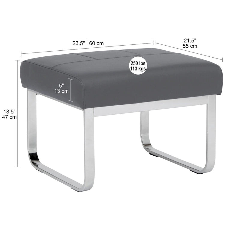 Pouf rectangulaire en cuir collé avec pieds incurvés en chrome – Coussin de 12,7 cm d'épaisseur