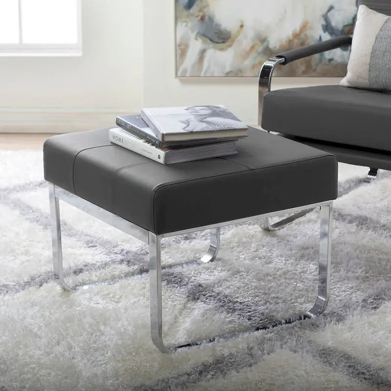 Pouf rectangulaire en cuir collé avec pieds incurvés en chrome – Coussin de 12,7 cm d'épaisseur
