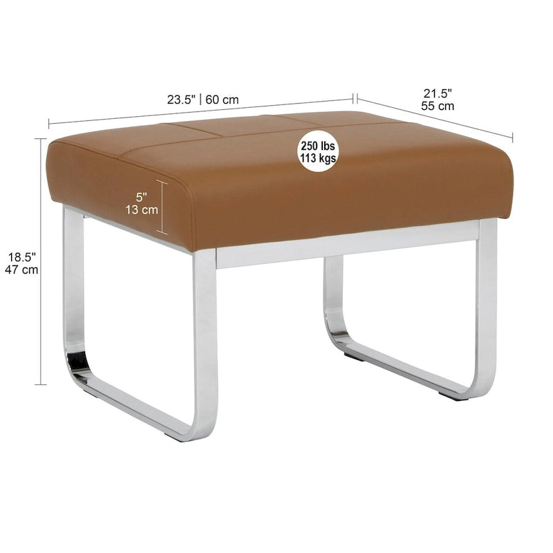 Pouf rectangulaire en cuir collé avec pieds incurvés en chrome – Coussin de 12,7 cm d'épaisseur