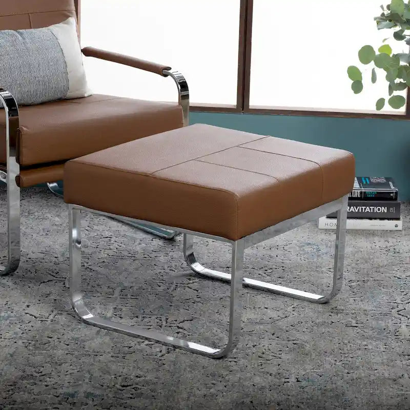 Pouf rectangulaire en cuir collé avec pieds incurvés en chrome – Coussin de 12,7 cm d'épaisseur