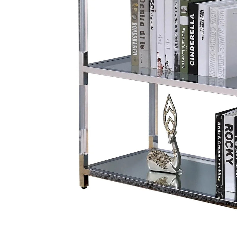 Table console de 47,5 pouces avec plateau en verre – Structure en métal argenté avec 2 étagères ouvertes et accents miroir