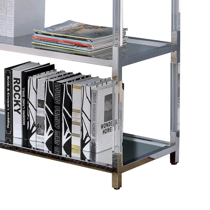 Table console de 47,5 pouces avec plateau en verre – Structure en métal argenté avec 2 étagères ouvertes et accents miroir