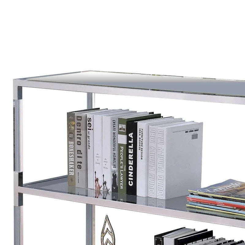 Table console de 47,5 pouces avec plateau en verre – Structure en métal argenté avec 2 étagères ouvertes et accents miroir