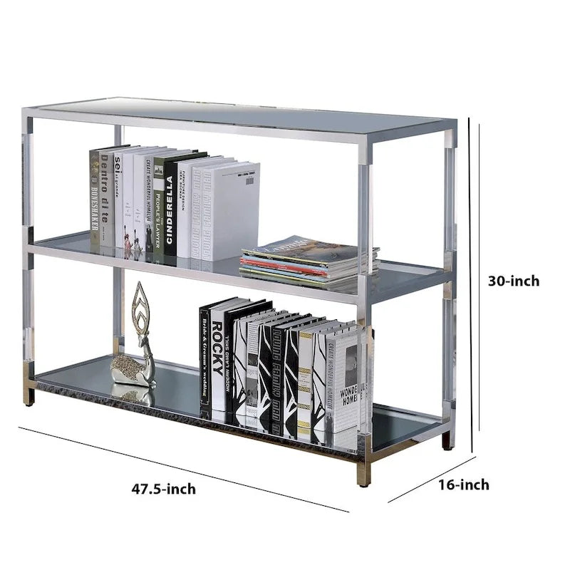 Table console de 47,5 pouces avec plateau en verre – Structure en métal argenté avec 2 étagères ouvertes et accents miroir
