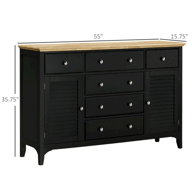 Buffet de 55 po – 2 portes persiennes, 6 tiroirs et tablettes ajustables