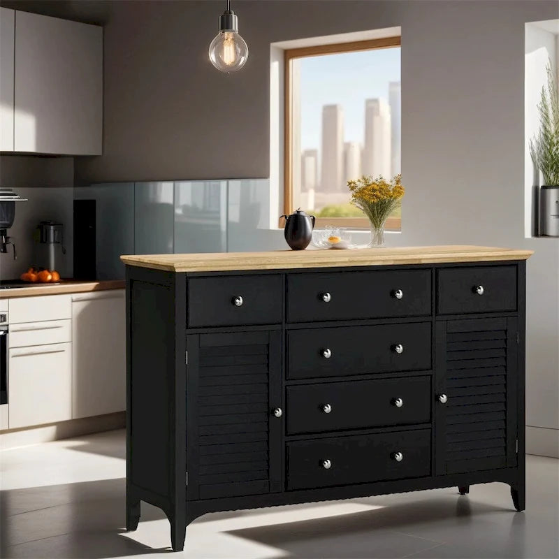 Buffet de 55 po – 2 portes persiennes, 6 tiroirs et tablettes ajustables