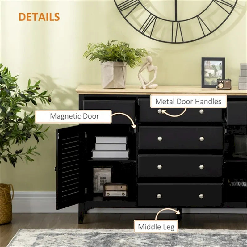 Buffet de 55 po – 2 portes persiennes, 6 tiroirs et tablettes ajustables