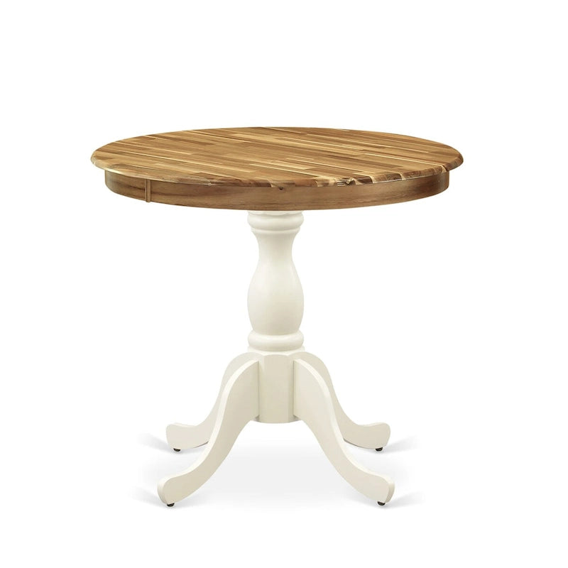Table à manger ronde de 36 pouces – Plateau en bois naturel et pied piédestal blanc lin