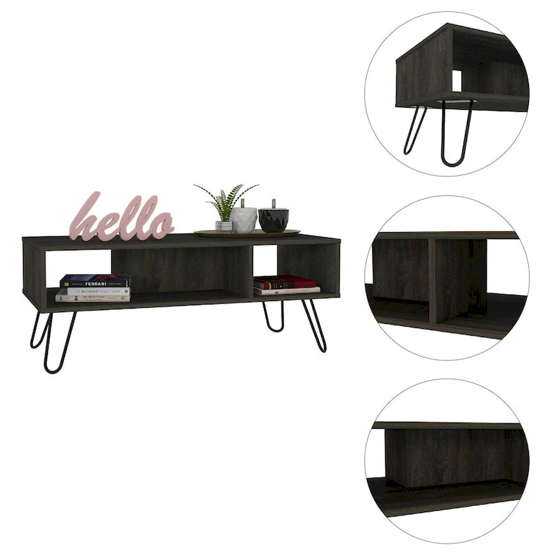 Table Basse Rectangulaire Mid-Century avec Étagère à 2 Niveaux et Pieds Épingle – Blanc