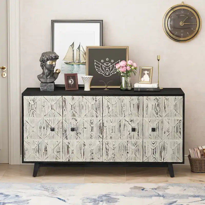 Buffet enfilade vintage 4 portes de 152 cm – Plateau en orme, portes sculptées et pieds en bois massif