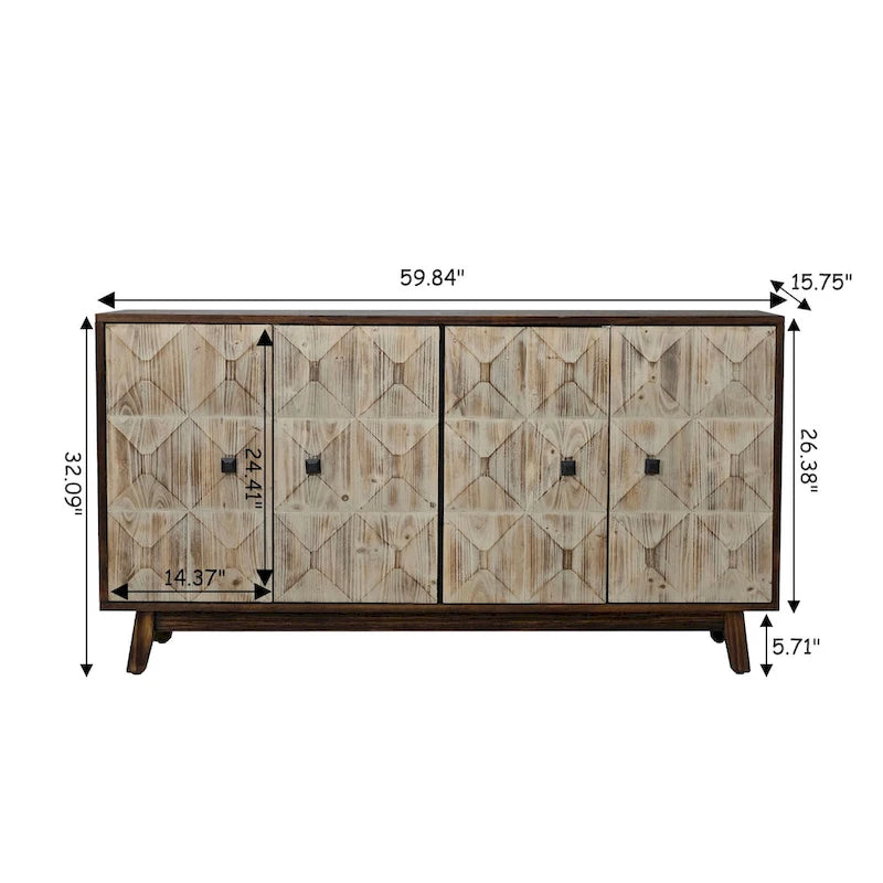 Buffet enfilade vintage 4 portes de 152 cm – Plateau en orme, portes sculptées et pieds en bois massif