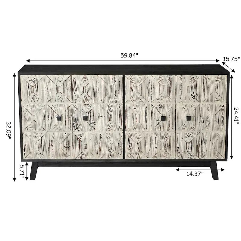 Buffet enfilade vintage 4 portes de 152 cm – Plateau en orme, portes sculptées et pieds en bois massif