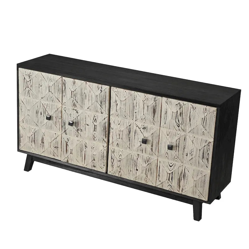 Buffet enfilade vintage 4 portes de 152 cm – Plateau en orme, portes sculptées et pieds en bois massif