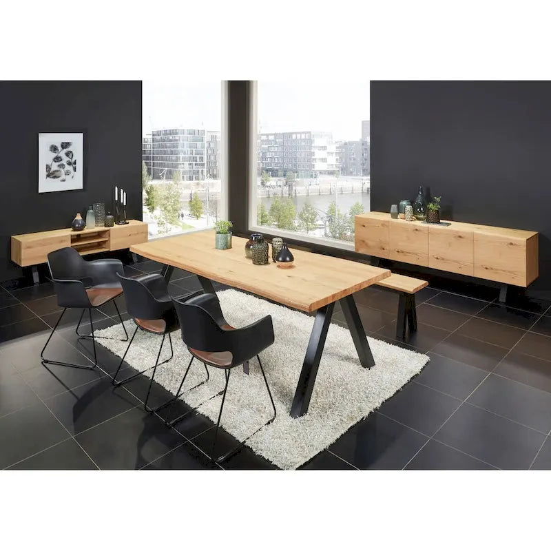 Table à manger scandinave à bords ondulés – Chêne sauvage et acier noir