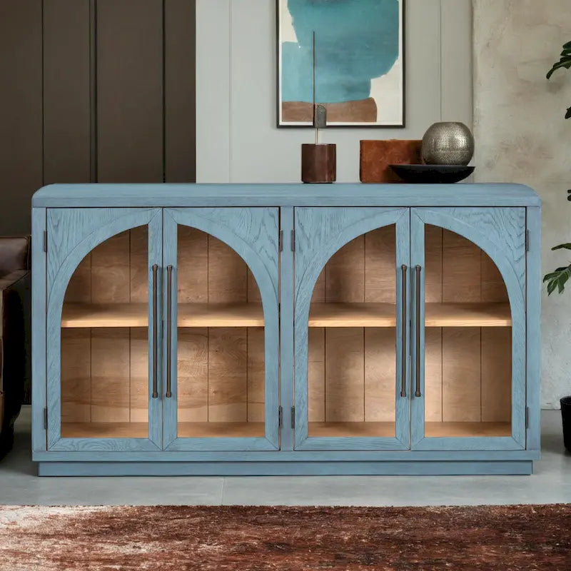 Buffet rétro 4 portes de 60 pouces avec portes en verre arqué et poignées en métal