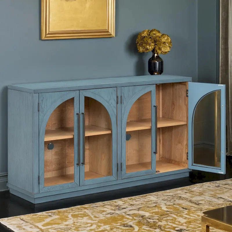 Buffet rétro 4 portes de 60 pouces avec portes en verre arqué et poignées en métal