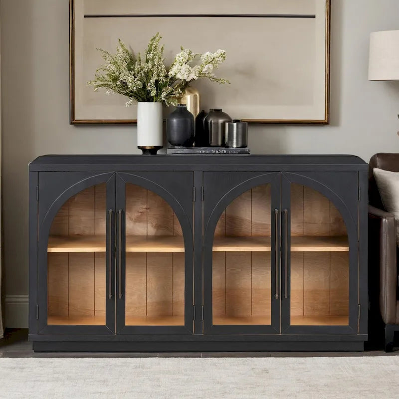 Buffet rétro 4 portes de 60 pouces avec portes en verre arqué et poignées en métal
